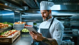 Catering business owner in a stainless-steel kitchen holding a tablet and reviewing finances, with blurred trays of hors d’oeuvres, fresh produce crates, and commercial equipment in the background.