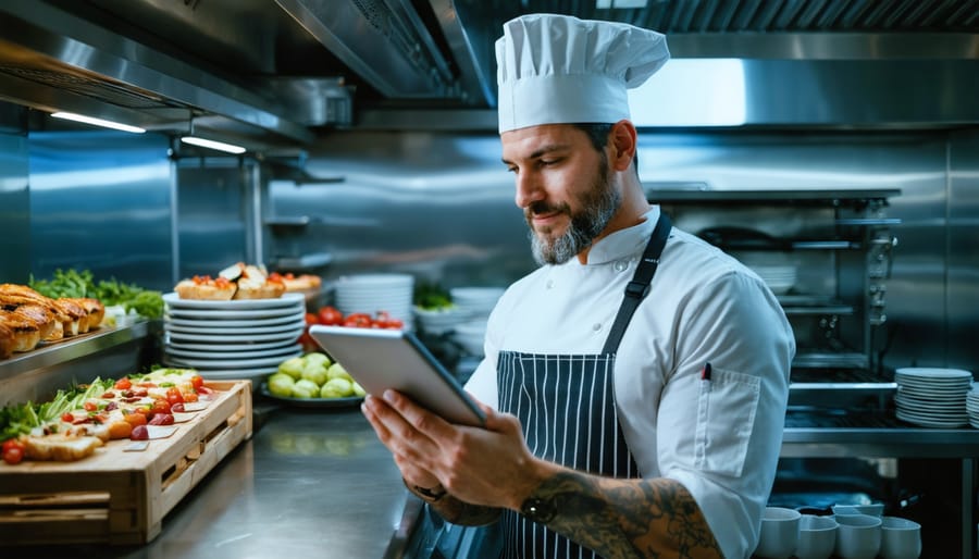 Catering business owner in a stainless-steel kitchen holding a tablet and reviewing finances, with blurred trays of hors d’oeuvres, fresh produce crates, and commercial equipment in the background.