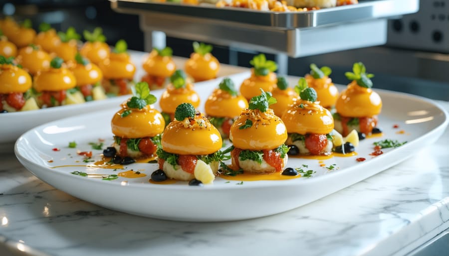 Catering business owner working on laptop in commercial kitchen reviewing loan options