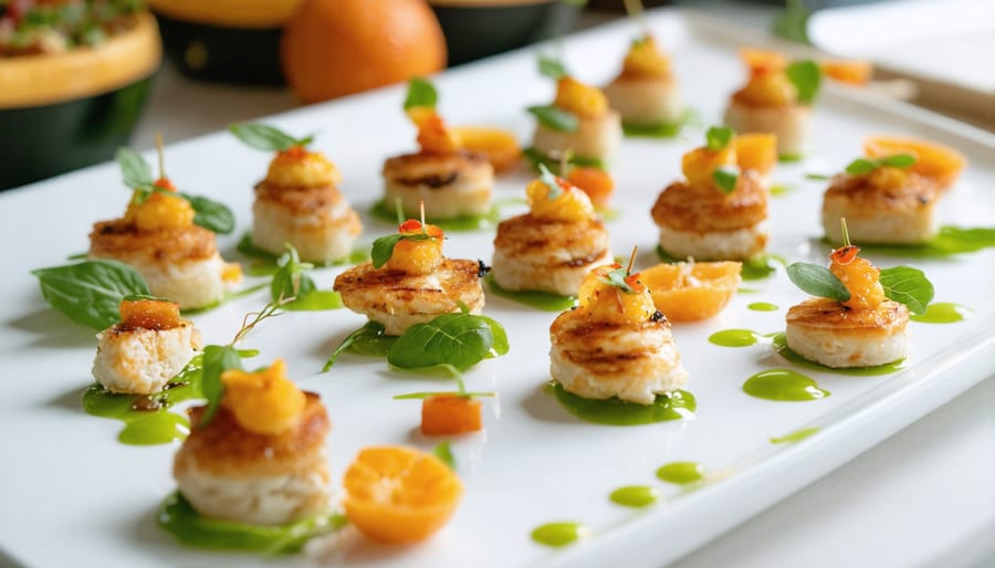 Upscale catering event setup with formal table settings and staff preparing in background