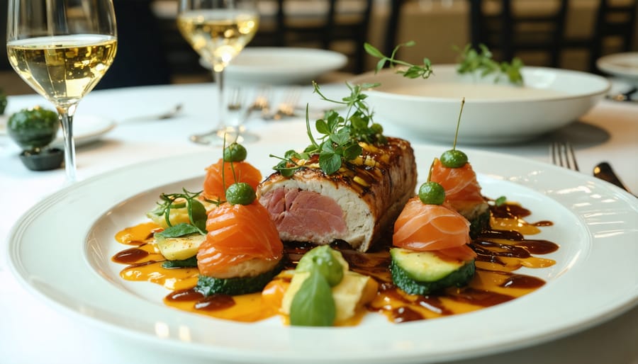 Multiple chefs working in busy commercial catering kitchen during peak season service