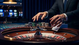 Hands over poker chips on a casino table beside a roulette wheel, with a softly blurred casino background and warm side lighting.