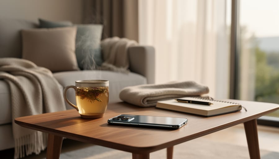 Phone face-down on a nightstand next to a closed book and mug under warm bedside lamp light.