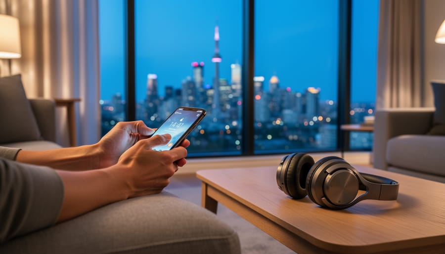 “Person relaxing at home in Toronto, holding a smartphone thoughtfully with a softly blurred skyline outside the window.”
